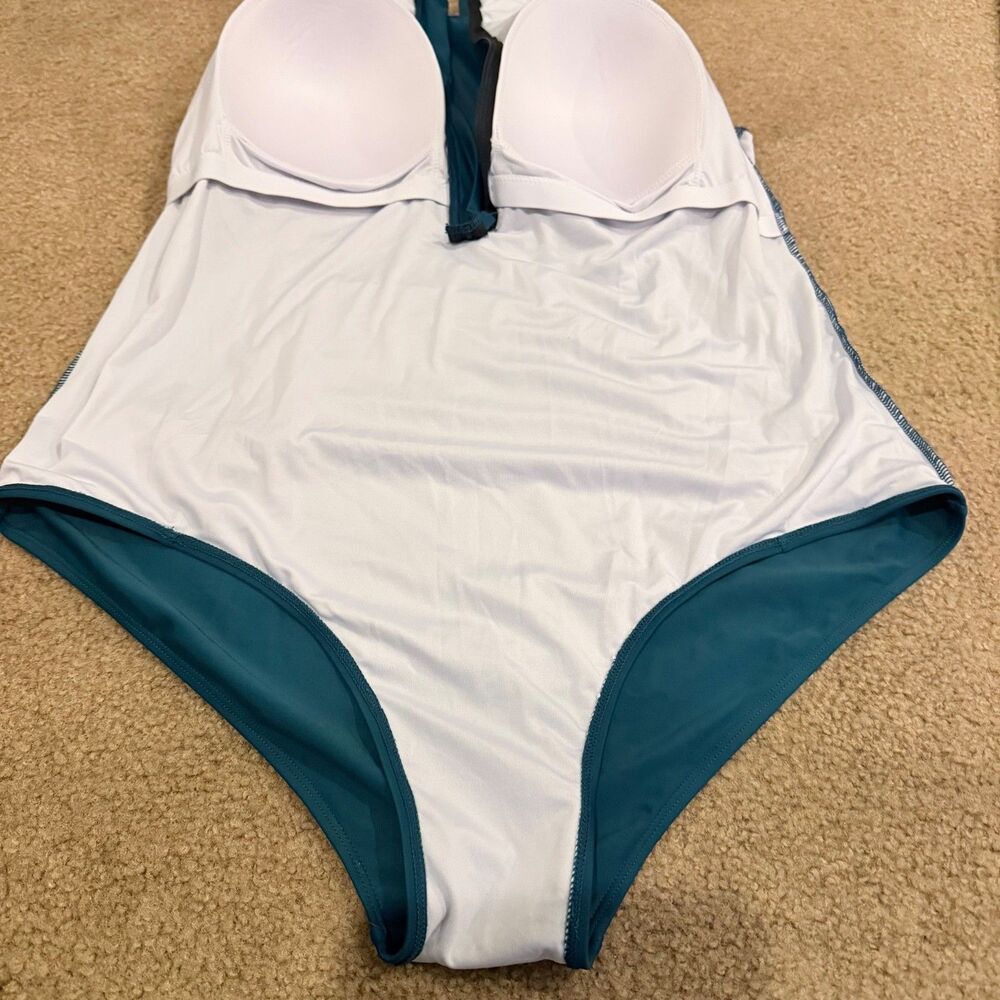 Women’s Plus Size 22W Teal One Piece Swimsuit Front Zip Flutter Sleeve Ruched - Picture 5 of 12